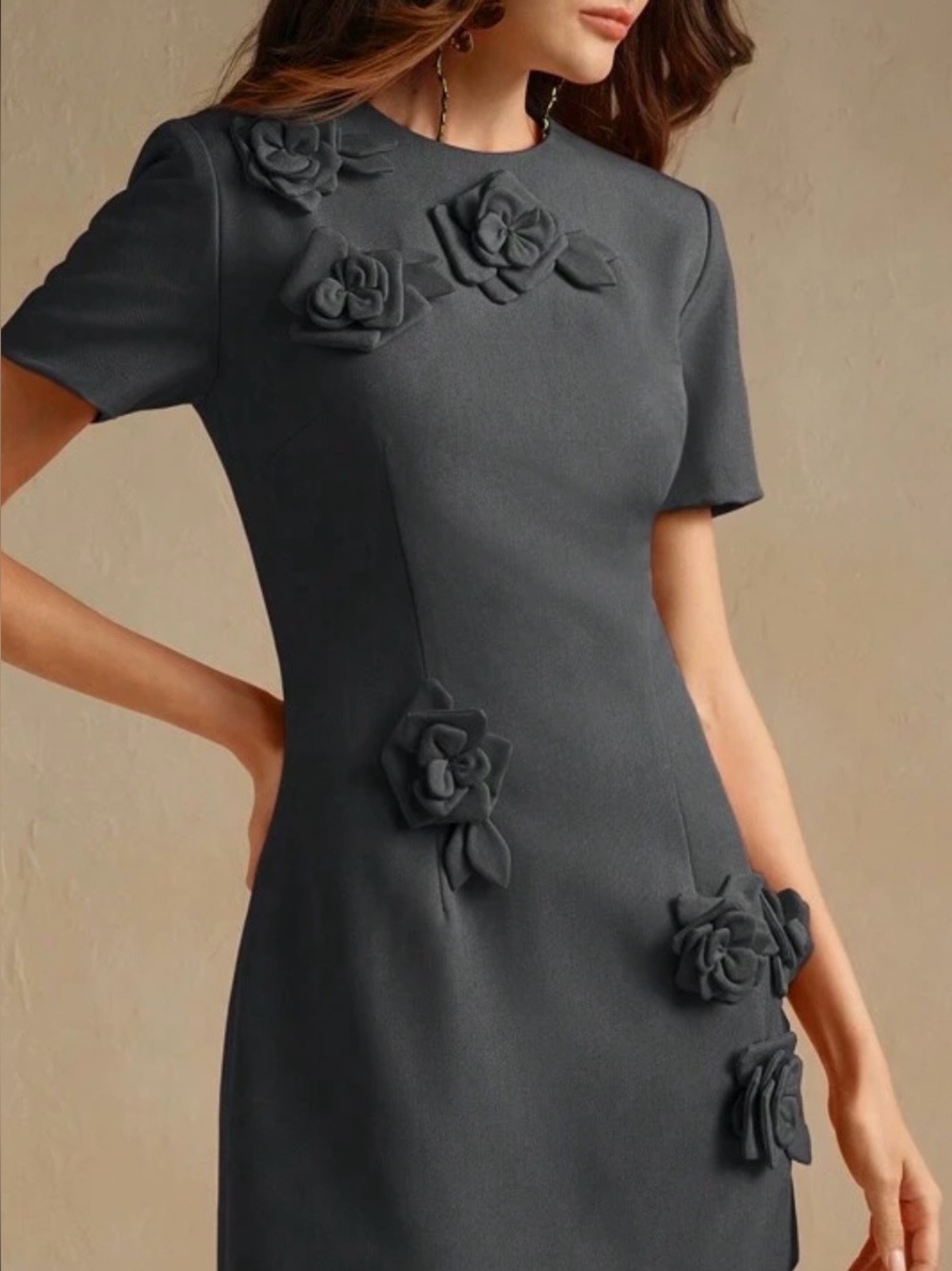 SHEIN Charcoal Gray Floral Appliqué Midi Dress